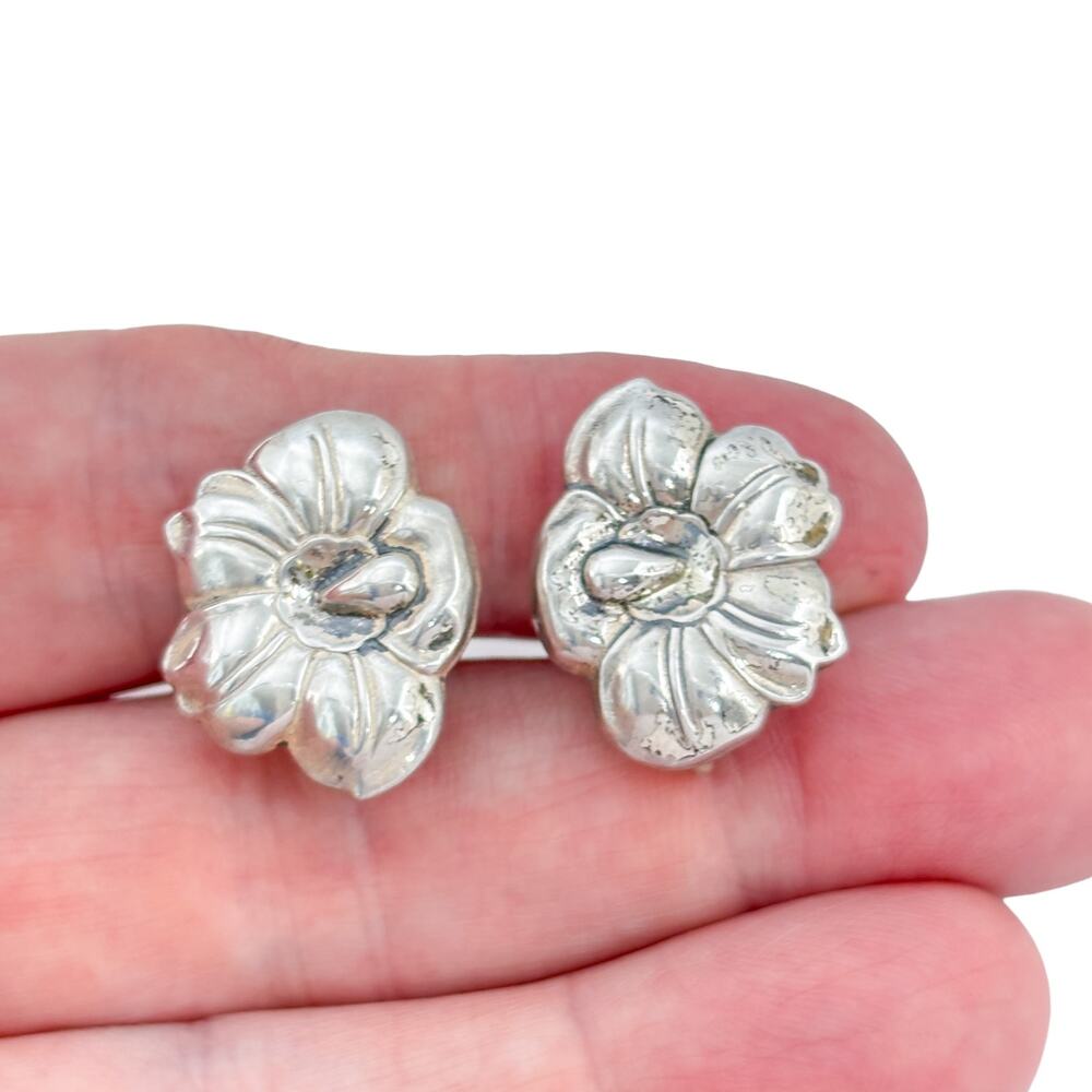 Vintage Sterling Silver 925 Flower Screwback Earrings